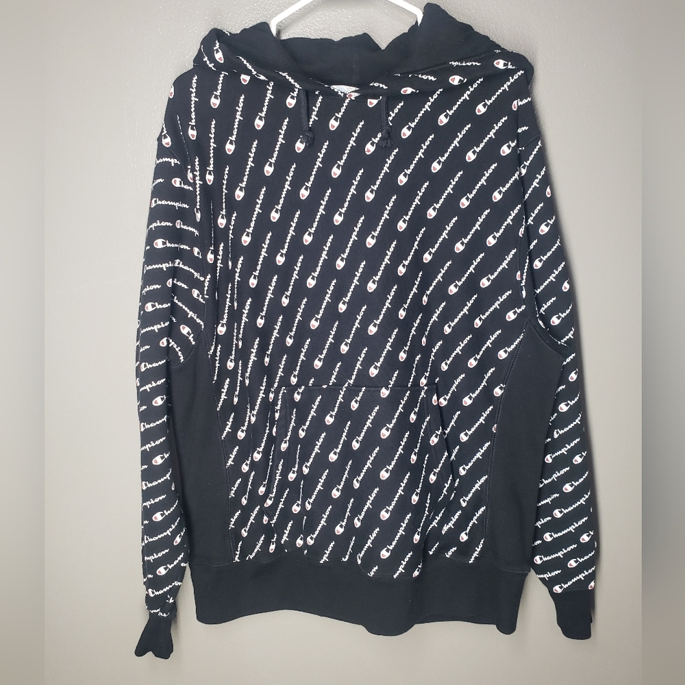 Champion Reverse Weave Mens Hoodie Pullover Black All Over Print Size Large